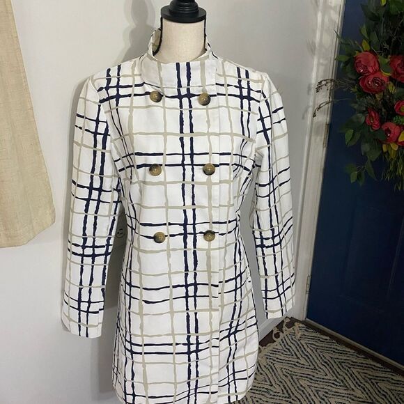 Banana Republic cotton Navy/ white/Tan Trench coat Size Large - Picture 3 of 7